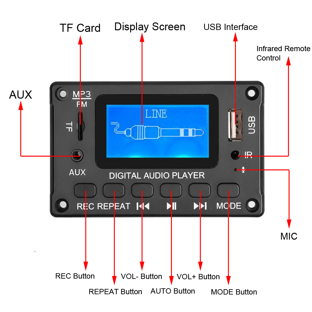 LCD Lyrics Display Bluetooth Module Amplifier USB Player MP3 Decoder Board